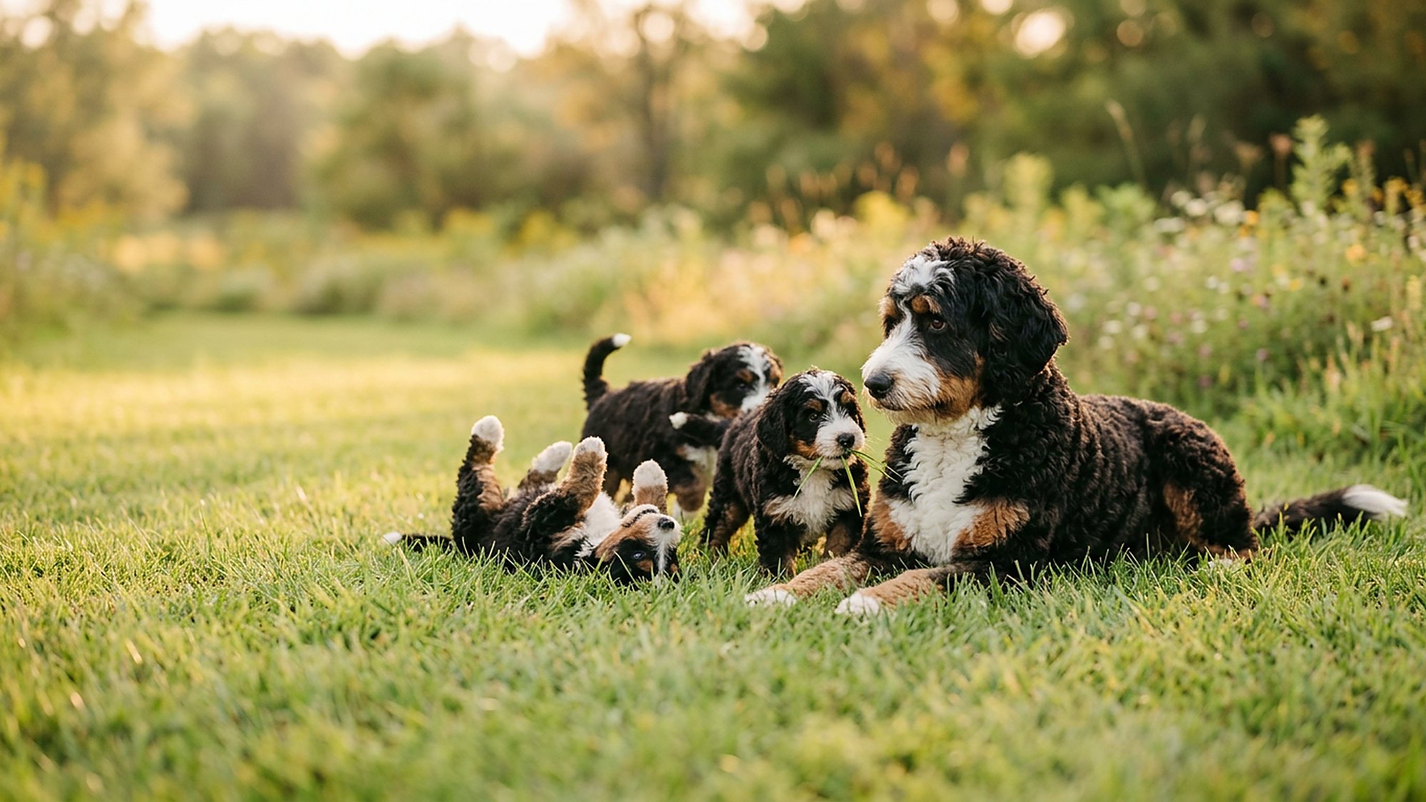 A tri-colour Bernedoodle lying in golden evening grass while three of her puppies tumble around her